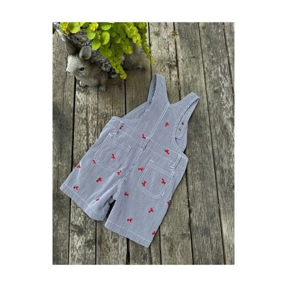 90s Izod Denim Shortalls Red Lobster Print Black White Stripes 100% Cotton 18M - Picture 4 of 6